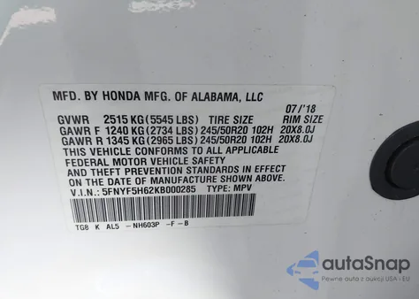 2019 Honda Pilot Touring from USA, damaged, VIN 5FNYF5H62KB000285